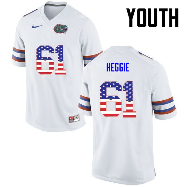 Florida Gators Youth #61 Brett Heggie College Football USA Flag Fashion White